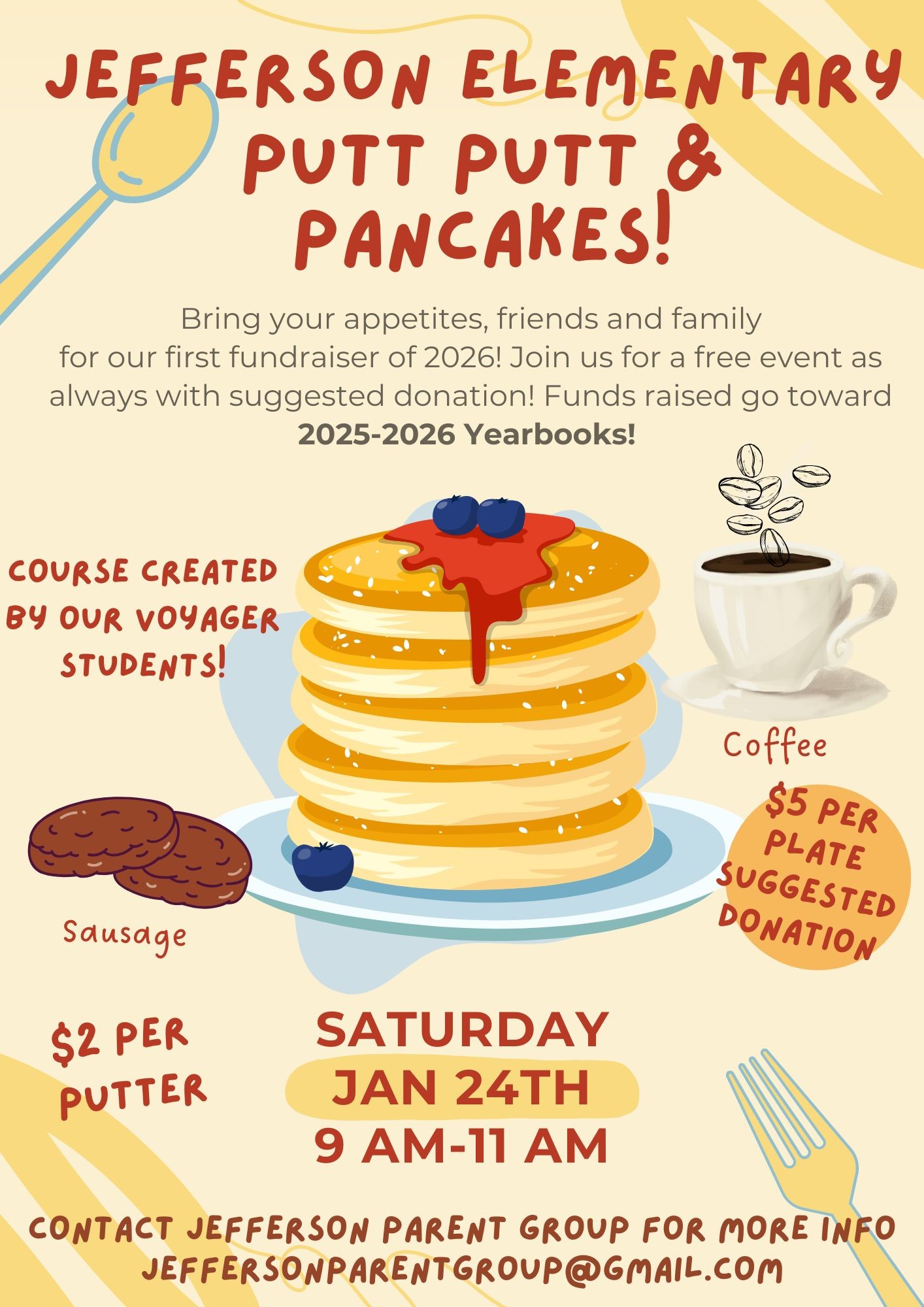 Flyer for Putt Putt & Pancakes Fundraiser - English.