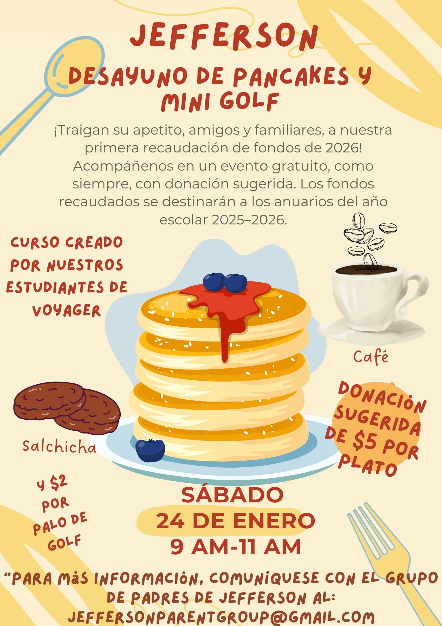 Flyer for Putt Putt & Pancakes Fundraiser - Spanish.